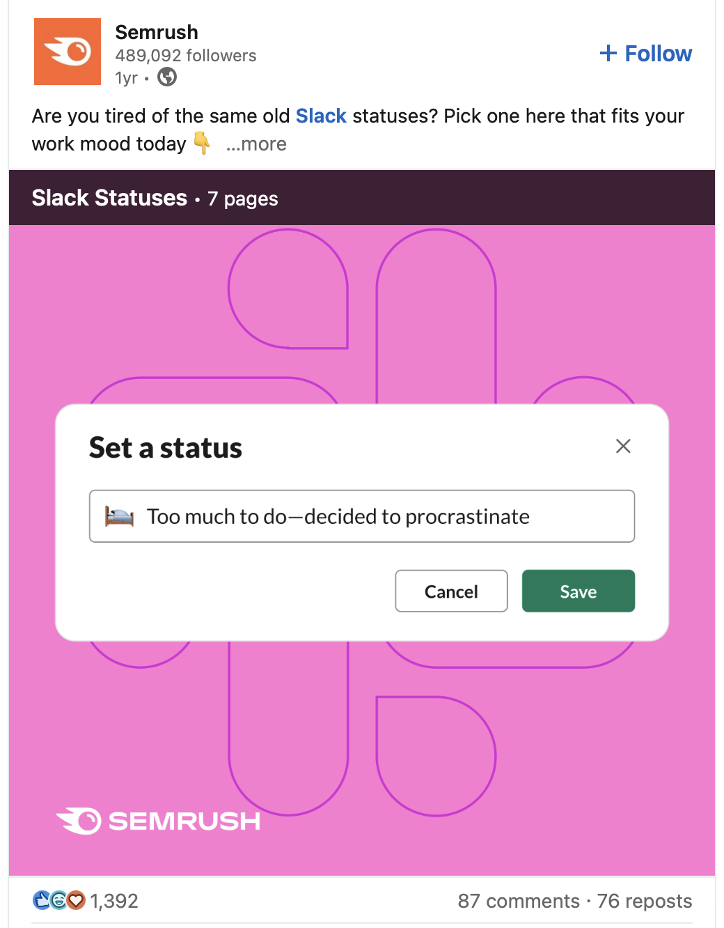 Screenshot of a LinkedIn post from Semrush